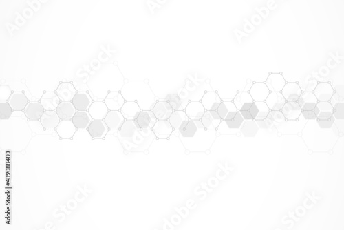 Hexagons pattern on gray background. Genetic research, molecular structure. Chemical engineering. Concept of innovation technology. Used for design healthcare, science and medicine background