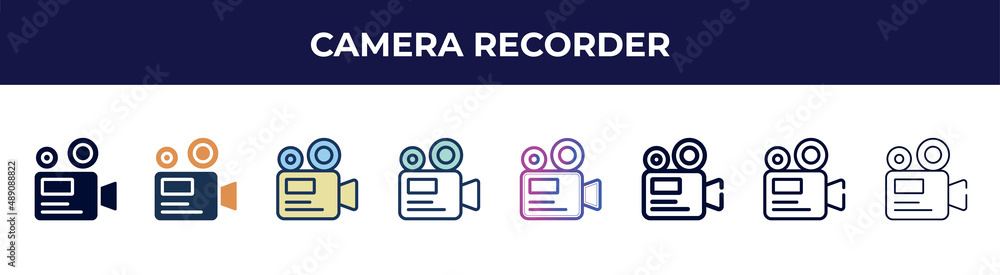 camera recorder icon in 8 styles. line, filled, glyph, thin outline ...