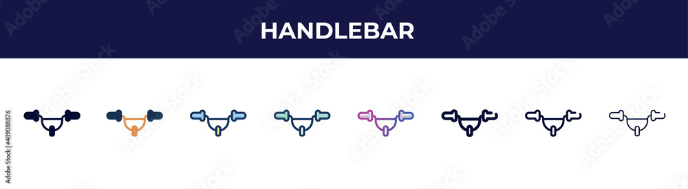 handlebar icon in 8 styles. line, filled, glyph, thin outline, colorful, stroke and gradient styles, handlebar vector sign. symbol, logo illustration. different style icons set.