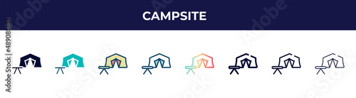campsite icon in 8 styles. line, filled, glyph, thin outline, colorful, stroke and gradient styles, campsite vector sign. symbol, logo illustration. different style icons set.