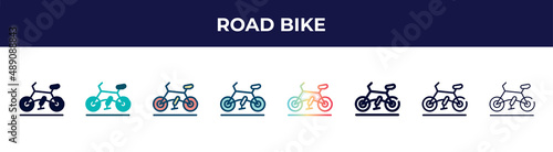 road bike icon in 8 styles. line, filled, glyph, thin outline, colorful, stroke and gradient styles, road bike vector sign. symbol, logo illustration. different style icons set.