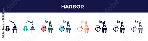 harbor icon in 8 styles. line, filled, glyph, thin outline, colorful, stroke and gradient styles, harbor vector sign. symbol, logo illustration. different style icons set.