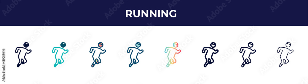 running icon in 8 styles. line, filled, glyph, thin outline, colorful, stroke and gradient styles, running vector sign. symbol, logo illustration. different style icons set.