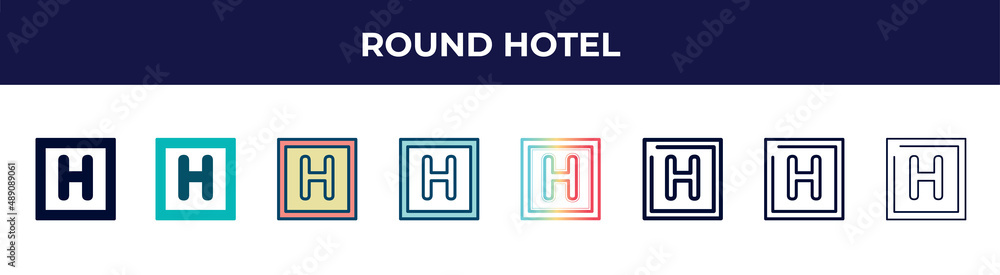 round hotel icon in 8 styles. line, filled, glyph, thin outline, colorful, stroke and gradient styles, round hotel vector sign. symbol, logo illustration. different style icons set.