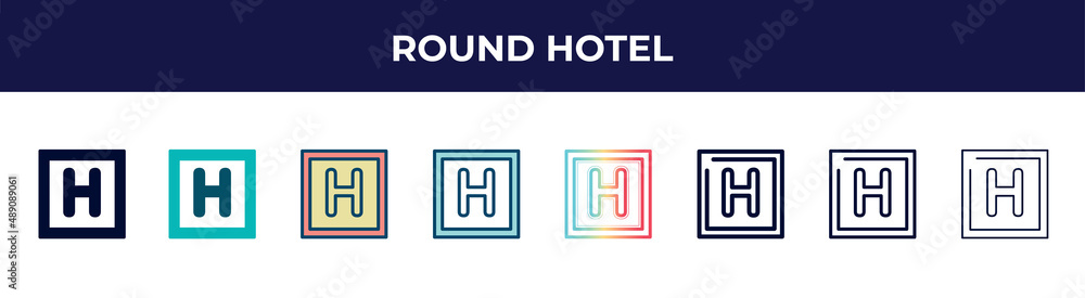 round hotel icon in 8 styles. line, filled, glyph, thin outline, colorful, stroke and gradient styles, round hotel vector sign. symbol, logo illustration. different style icons set. round hotel icon in 8 styles. line, filled, glyph, thin outline, colorful, stroke and gradient styles, round hotel vector sign. symbol, logo illustration. different style icons set.