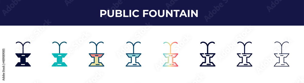 public fountain icon in 8 styles. line, filled, glyph, thin outline, colorful, stroke and gradient styles, public fountain vector sign. symbol, logo illustration. different style icons set. public fountain icon in 8 styles. line, filled, glyph, thin outline, colorful, stroke and gradient styles, public fountain vector sign. symbol, logo illustration. different style icons set.