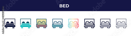 bed icon in 8 styles. line, filled, glyph, thin outline, colorful, stroke and gradient styles, bed vector sign. symbol, logo illustration. different style icons set.
