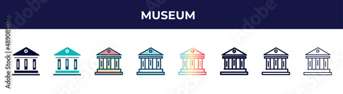museum icon in 8 styles. line, filled, glyph, thin outline, colorful, stroke and gradient styles, museum vector sign. symbol, logo illustration. different style icons set.