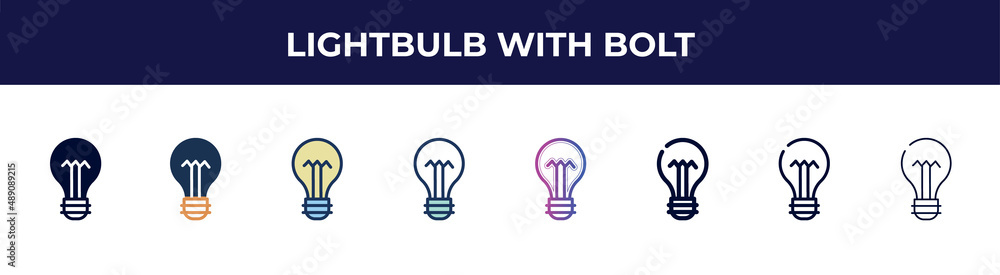 lightbulb with bolt icon in 8 styles. line, filled, glyph, thin outline, colorful, stroke and gradient styles, lightbulb with bolt vector sign. symbol, logo illustration. different style icons set. lightbulb with bolt icon in 8 styles. line, filled, glyph, thin outline, colorful, stroke and gradient styles, lightbulb with bolt vector sign. symbol, logo illustration. different style icons set.