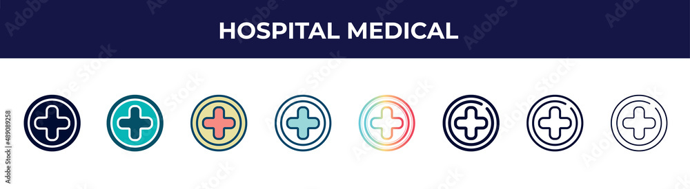 Obraz premium hospital medical icon in 8 styles. line, filled, glyph, thin outline, colorful, stroke and gradient styles, hospital medical vector sign. symbol, logo illustration. different style icons set.