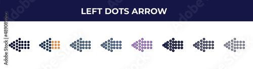 left dots arrow icon in 8 styles. line, filled, glyph, thin outline, colorful, stroke and gradient styles, left dots arrow vector sign. symbol, logo illustration. different style icons set.