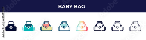 baby bag icon in 8 styles. line, filled, glyph, thin outline, colorful, stroke and gradient styles, baby bag vector sign. symbol, logo illustration. different style icons set.