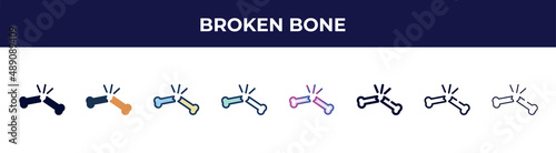 broken bone icon in 8 styles. line, filled, glyph, thin outline, colorful, stroke and gradient styles, broken bone vector sign. symbol, logo illustration. different style icons set.