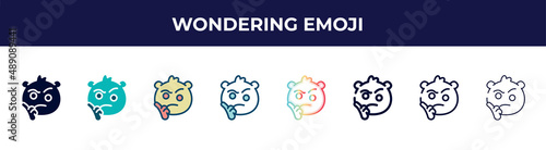 wondering emoji icon in 8 styles. line, filled, glyph, thin outline, colorful, stroke and gradient styles, wondering emoji vector sign. symbol, logo illustration. different style icons set.