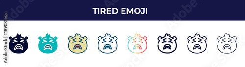 tired emoji icon in 8 styles. line, filled, glyph, thin outline, colorful, stroke and gradient styles, tired emoji vector sign. symbol, logo illustration. different style icons set.