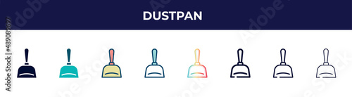 dustpan icon in 8 styles. line, filled, glyph, thin outline, colorful, stroke and gradient styles, dustpan vector sign. symbol, logo illustration. different style icons set.