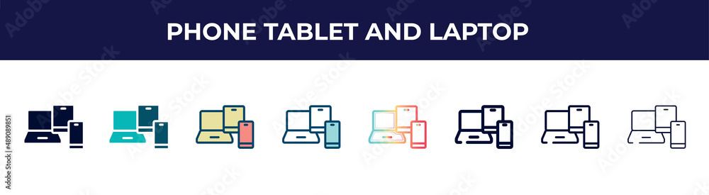 phone tablet and laptop icon in 8 styles. line, filled, glyph, thin outline, colorful, stroke and gradient styles, phone tablet and laptop vector sign. symbol, logo illustration. different style phone tablet and laptop icon in 8 styles. line, filled, glyph, thin outline, colorful, stroke and gradient styles, phone tablet and laptop vector sign. symbol, logo illustration. different style