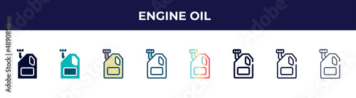 engine oil icon in 8 styles. line, filled, glyph, thin outline, colorful, stroke and gradient styles, engine oil vector sign. symbol, logo illustration. different style icons set.