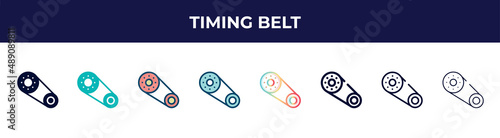 timing belt icon in 8 styles. line, filled, glyph, thin outline, colorful, stroke and gradient styles, timing belt vector sign. symbol, logo illustration. different style icons set.