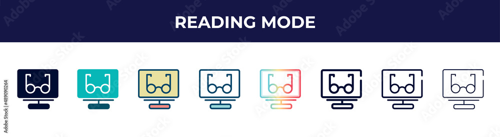 reading mode icon in 8 styles. line, filled, glyph, thin outline, colorful, stroke and gradient styles, reading mode vector sign. symbol, logo illustration. different style icons set. reading mode icon in 8 styles. line, filled, glyph, thin outline, colorful, stroke and gradient styles, reading mode vector sign. symbol, logo illustration. different style icons set.