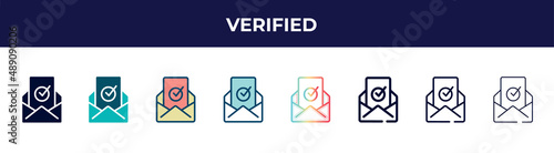 verified icon in 8 styles. line, filled, glyph, thin outline, colorful, stroke and gradient styles, verified vector sign. symbol, logo illustration. different style icons set.