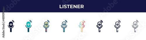 listener icon in 8 styles. line, filled, glyph, thin outline, colorful, stroke and gradient styles, listener vector sign. symbol, logo illustration. different style icons set.