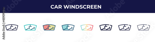 car windscreen icon in 8 styles. line, filled, glyph, thin outline, colorful, stroke and gradient styles, car windscreen vector sign. symbol, logo illustration. different style icons set.