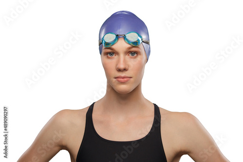 Swimmer female wearing swimming hat and goggles. Headshot portrait
