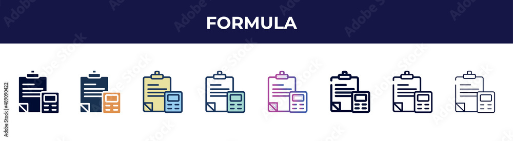 formula icon in 8 styles. line, filled, glyph, thin outline, colorful, stroke and gradient styles, formula vector sign. symbol, logo illustration. different style icons set. formula icon in 8 styles. line, filled, glyph, thin outline, colorful, stroke and gradient styles, formula vector sign. symbol, logo illustration. different style icons set.