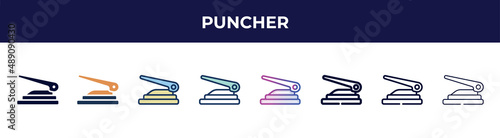 puncher icon in 8 styles. line, filled, glyph, thin outline, colorful, stroke and gradient styles, puncher vector sign. symbol, logo illustration. different style icons set.