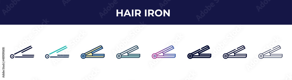 hair iron icon in 8 styles. line, filled, glyph, thin outline, colorful, stroke and gradient styles, hair iron vector sign. symbol, logo illustration. different style icons set. hair iron icon in 8 styles. line, filled, glyph, thin outline, colorful, stroke and gradient styles, hair iron vector sign. symbol, logo illustration. different style icons set.