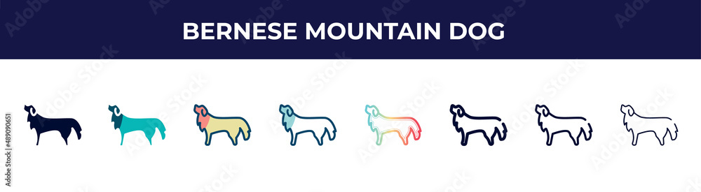 bernese mountain dog icon in 8 styles. line, filled, glyph, thin outline, colorful, stroke and gradient styles, bernese mountain dog vector sign. symbol, logo illustration. different style icons