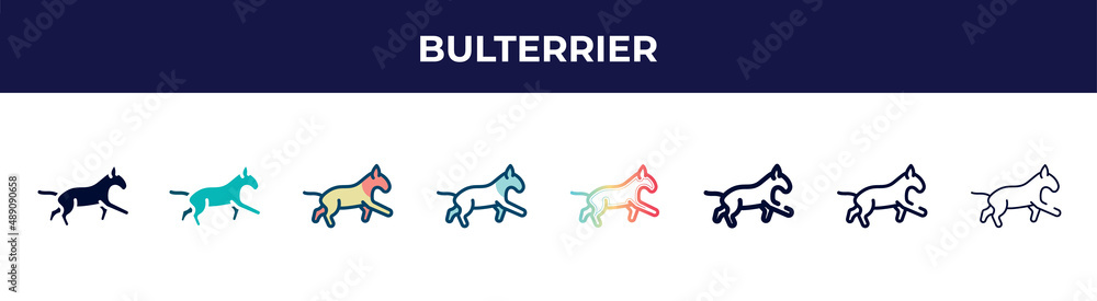 bulterrier icon in 8 styles. line, filled, glyph, thin outline, colorful, stroke and gradient styles, bulterrier vector sign. symbol, logo illustration. different style icons set.