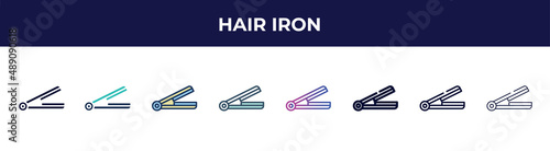 hair iron icon in 8 styles. line, filled, glyph, thin outline, colorful, stroke and gradient styles, hair iron vector sign. symbol, logo illustration. different style icons set.