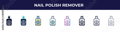 nail polish remover icon in 8 styles. line, filled, glyph, thin outline, colorful, stroke and gradient styles, nail polish remover vector sign. symbol, logo illustration. different style icons set.