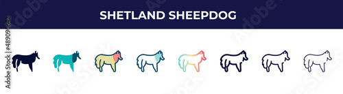 shetland sheepdog icon in 8 styles. line, filled, glyph, thin outline, colorful, stroke and gradient styles, shetland sheepdog vector sign. symbol, logo illustration. different style icons set.