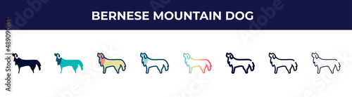 bernese mountain dog icon in 8 styles. line, filled, glyph, thin outline, colorful, stroke and gradient styles, bernese mountain dog vector sign. symbol, logo illustration. different style icons