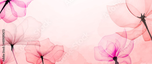 Botanical art background in pink pastel colors. Floral watercolor banner in minimalist design for decoration, wallpaper, wall