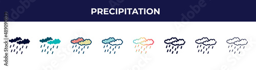 precipitation icon in 8 styles. line, filled, glyph, thin outline, colorful, stroke and gradient styles, precipitation vector sign. symbol, logo illustration. different style icons set.
