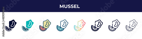 mussel icon in 8 styles. line, filled, glyph, thin outline, colorful, stroke and gradient styles, mussel vector sign. symbol, logo illustration. different style icons set.