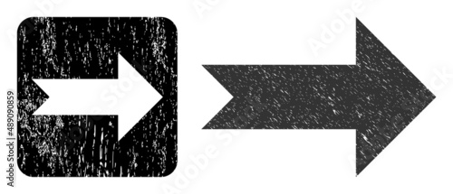 Vector arrow right stencil icon. Grunge arrow right seal stamp, done from icon and rounded square. Rounded square stamp contain arrow right empty space inside. Vector arrow right grunge images.