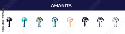 amanita icon in 8 styles. line, filled, glyph, thin outline, colorful, stroke and gradient styles, amanita vector sign. symbol, logo illustration. different style icons set.