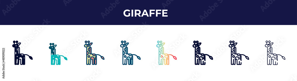 giraffe icon in 8 styles. line, filled, glyph, thin outline, colorful, stroke and gradient styles, giraffe vector sign. symbol, logo illustration. different style icons set. giraffe icon in 8 styles. line, filled, glyph, thin outline, colorful, stroke and gradient styles, giraffe vector sign. symbol, logo illustration. different style icons set.