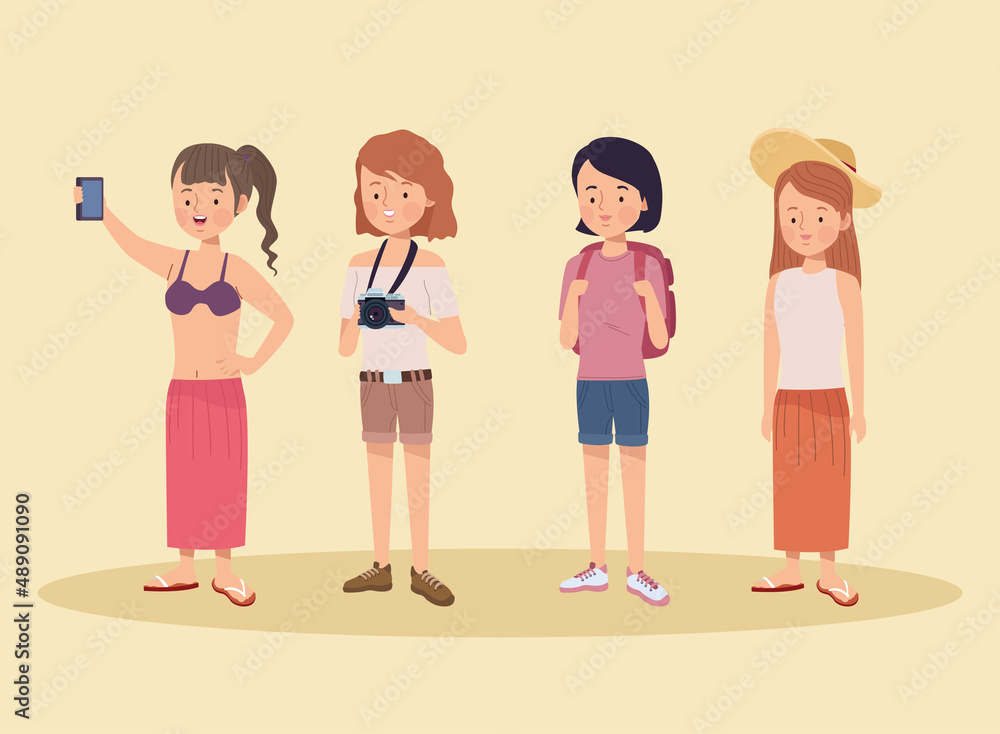 Naklejka premium four tourists travelers characters