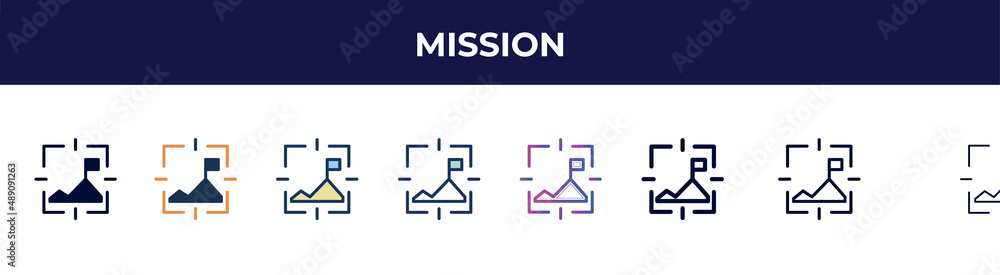 mission icon in 8 styles. line, filled, glyph, thin outline, colorful, stroke and gradient styles, mission vector sign. symbol, logo illustration. different style icons set. mission icon in 8 styles. line, filled, glyph, thin outline, colorful, stroke and gradient styles, mission vector sign. symbol, logo illustration. different style icons set.