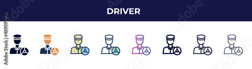 driver icon in 8 styles. line, filled, glyph, thin outline, colorful, stroke and gradient styles, driver vector sign. symbol, logo illustration. different style icons set.