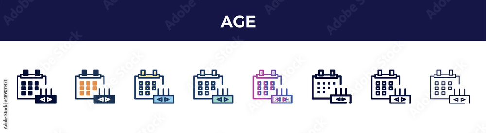 age icon in 8 styles. line, filled, glyph, thin outline, colorful, stroke and gradient styles, age vector sign. symbol, logo illustration. different style icons set.