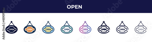 open icon in 8 styles. line, filled, glyph, thin outline, colorful, stroke and gradient styles, open vector sign. symbol, logo illustration. different style icons set.