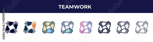 teamwork icon in 8 styles. line, filled, glyph, thin outline, colorful, stroke and gradient styles, teamwork vector sign. symbol, logo illustration. different style icons set.