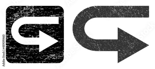 Vector turn right stencil pictogram. Grunge turn right seal stamp, done with icon and rounded square. Rounded square stamp seal include turn right cut out shape inside.